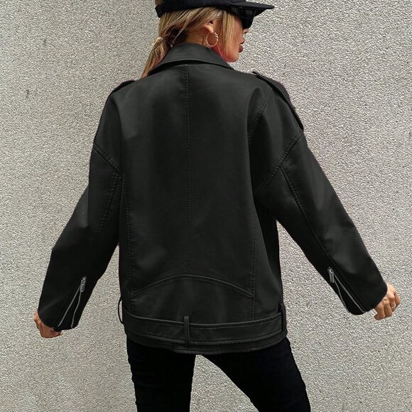 Black Casual Women's Zip Up Flap Detail Belted Moto Jacket - Picture 2 of 5